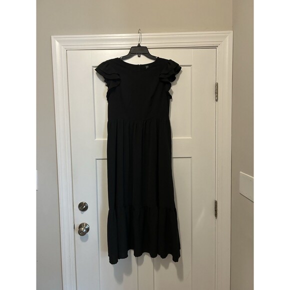 Shein Black Crewneck Ruffle Sleeve Tiered Ruffle Maxi Dress Women's 10/12 Modest - Picture 1 of 6